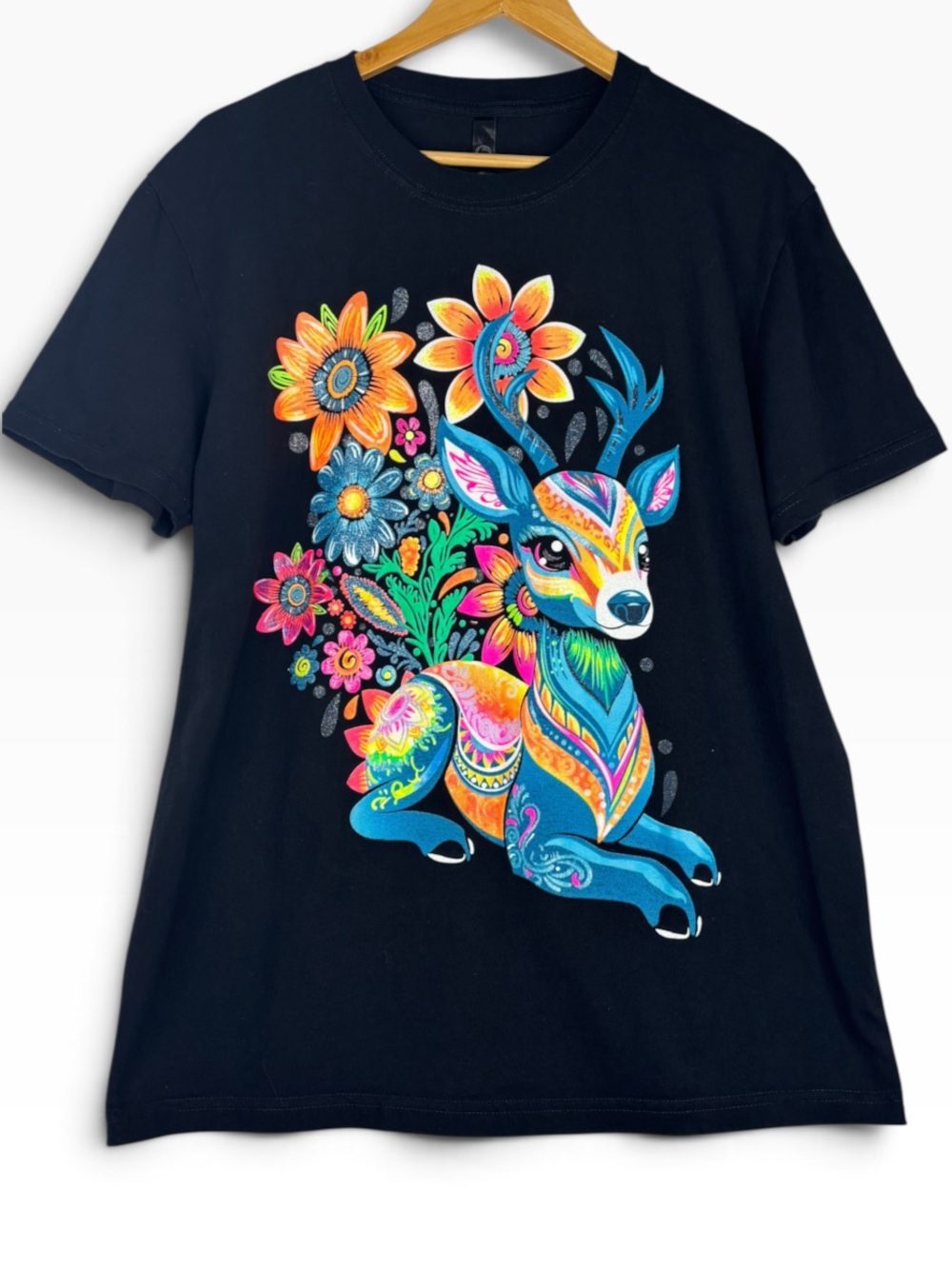 Black & Vibrant Colourful & Glitter Flowers and Deer Graphic Crew Neck Tee L
